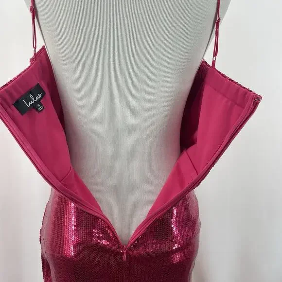 LULUS‎ Size S Glisten Up Sequin Mini Dress Hot Pink Bodycon Cocktail Party bling - Picture 8 of 11